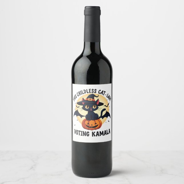 This Childless Cat Lady Voting Kamala Halloween Wine Label (Front)
