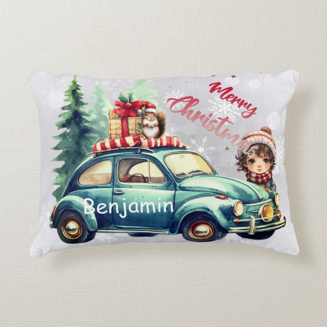 This Christmas Accent Pillow with a car on it  (Front)