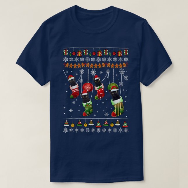 This Christmas Pajama Black Cat In Socks Funny Hol T-Shirt (Design Front)