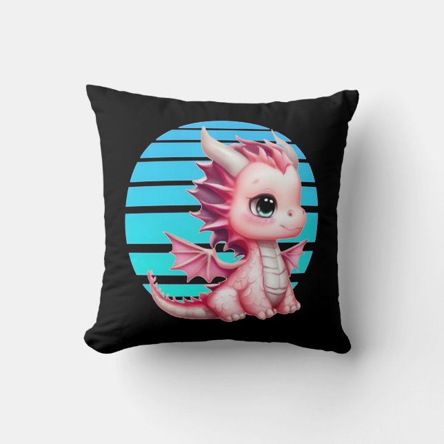 This design features a cute pink dragon with big b throw pillow (Front)