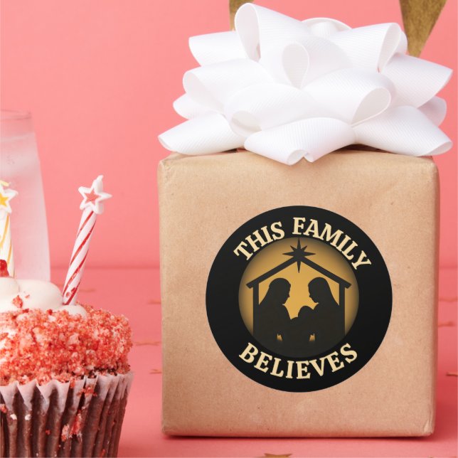 This Family Believes Christian Nativity Scene Classic Round Sticker (Party)