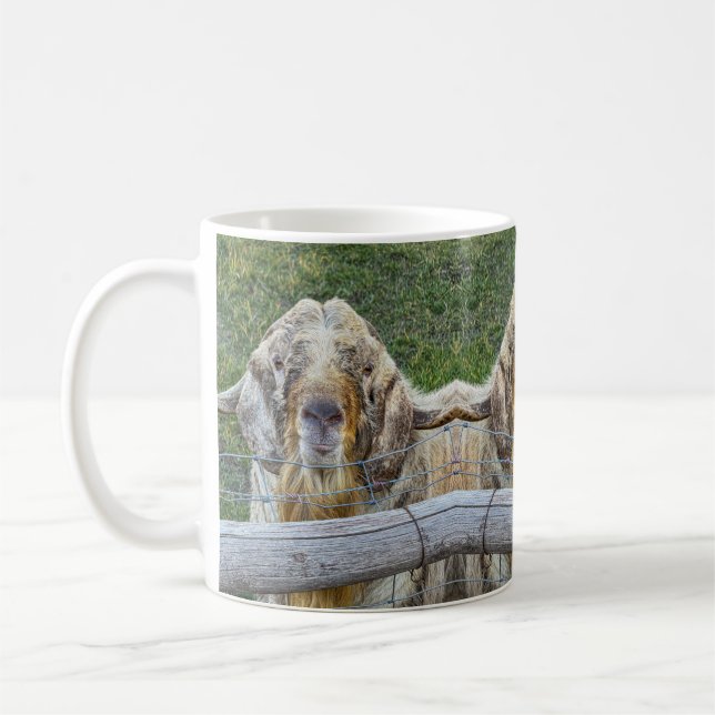 This friendly farm goat is looking at you. coffee mug (Left)