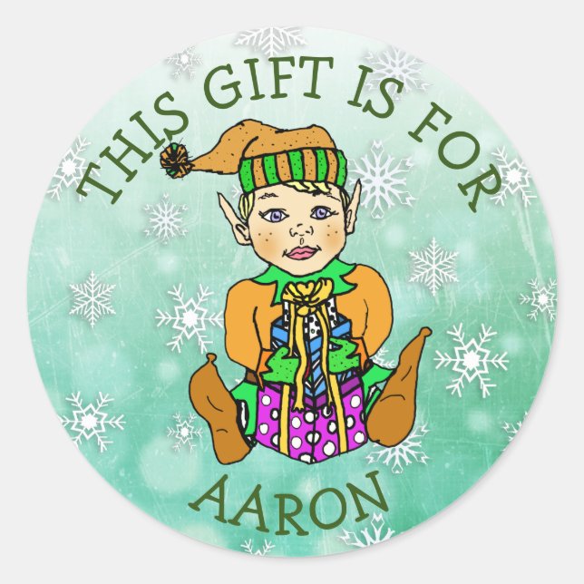 This Gift is For, Boy Elf with Gift Classic Round Sticker (Front)
