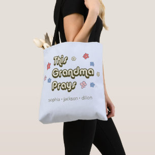 This Grandma Prays Retro Light Blue Tote Bag