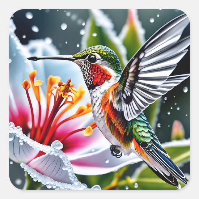 This is a beautiful frosted hibiskus hummingbird b square sticker (Front)