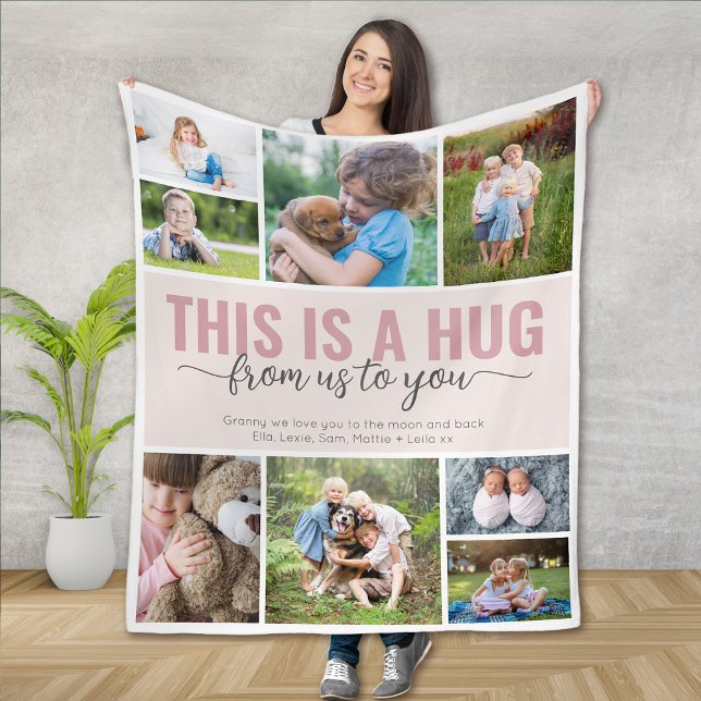 This is a Hug Message Family Photo Collage Fleece Blanket (Creator Uploaded)