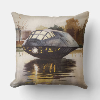 This is a spaceship waiting for a moment on the ri throw pillow
