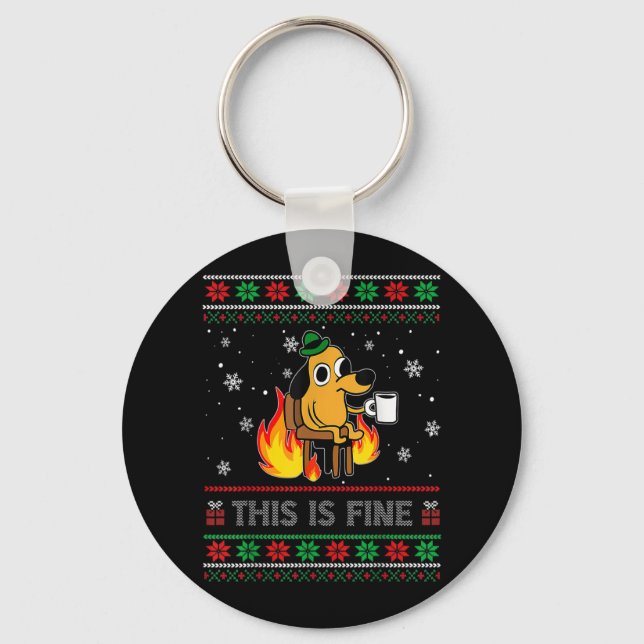 This Is Fine Dog Meme Funny Ugly Christmas Sweater Keychain (Front)