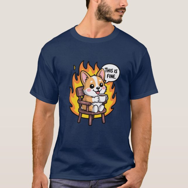 This Is Fine Funny Cartoon Corgi Meme friend T-Shirt (Front)