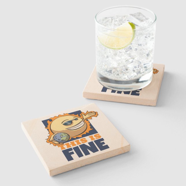 This Is Fine Global Warming Climate Change Cartoon Stone Coaster (Side)