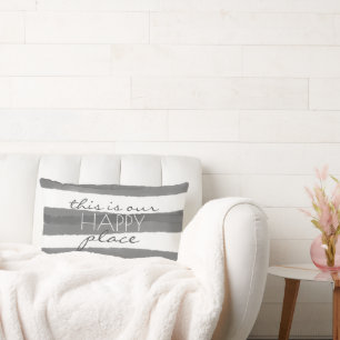 this is our happy place text on grey & white lumbar pillow
