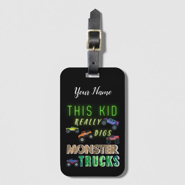 This Kid Really Digs Monster Trucks Luggage Tag (Front Vertical)
