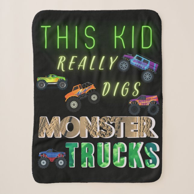 This Kid Really Digs Monster Trucks Sherpa Blanket (Front)
