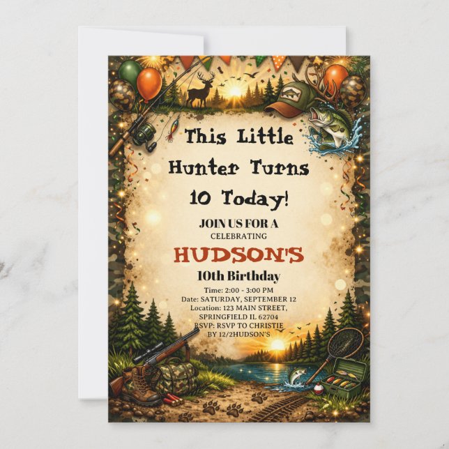 This Little Hunter Turns 10 Fishing Camo Birthday Invitation (Front)