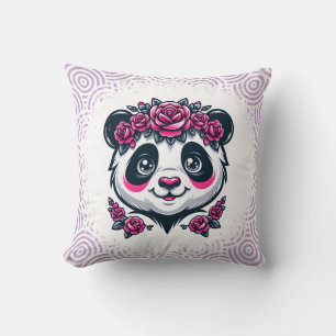 This smiling panda framed by pink roses blends exo throw pillow