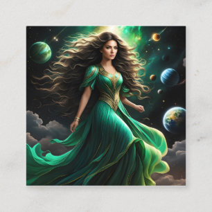 This striking woman has dark, wavy hair that casca square business card