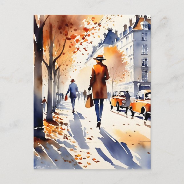 This urban art watercolour painting is an autumn s postcard (Front)