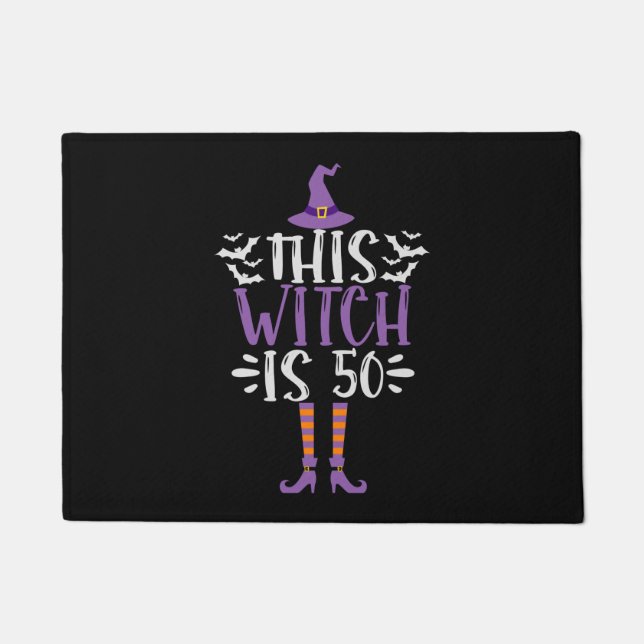 This Witch is 50th Funny Spooky Halloween Birthday Doormat (Front)