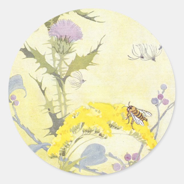 Thistle and Bee on Goldenrod Classic Round Sticker (Front)