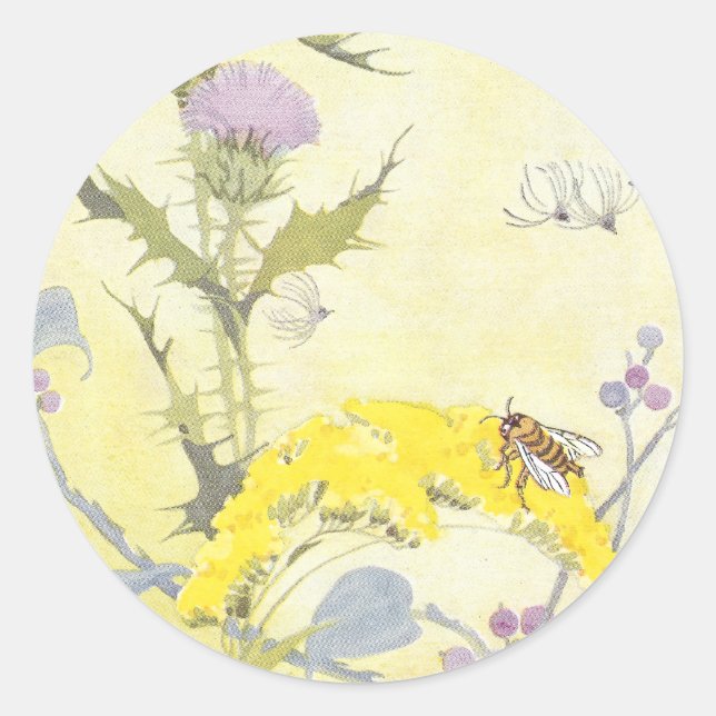 Thistle and Bee on Goldenrod Classic Round Sticker (Front)