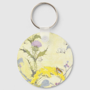 Thistle and Bee on Goldenrod Keychain