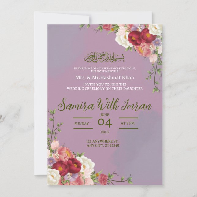 Thistle and Green Floral Muslim wedding Invitation (Front)