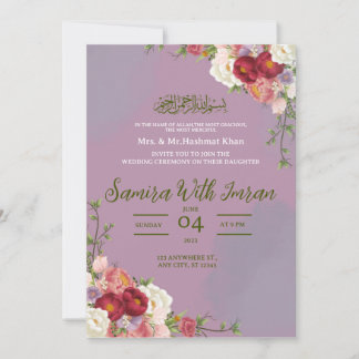 Thistle and Green Floral Muslim wedding Invitation