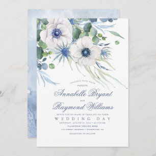 Thistle Anemone Greenery Dusty Blue Wedding Invitation