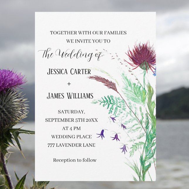 Thistle Cornflowers Watercolor Rustic Wedding Invitation (Creator Uploaded)