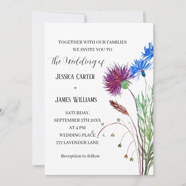 Thistle Cornflowers Watercolor Rustic Wedding Invitation (Front)