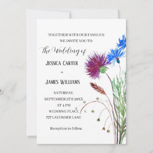 Thistle Cornflowers Watercolor Rustic Wedding Invitation