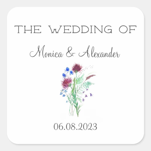 Thistle Floral Scottish Watercolor Wedding Party Square Sticker (Front)