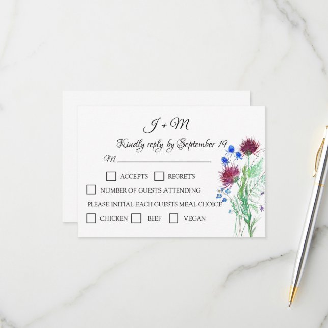 Thistle Floral Scottish Watercolor Wedding RSVP (Front/Back In Situ)