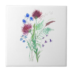 Thistle Flowers Vintage Watercolor Scotland  Tile