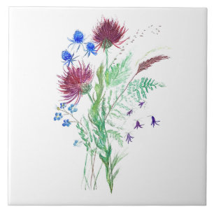 Thistle Flowers Vintage Watercolor Scotland Tile