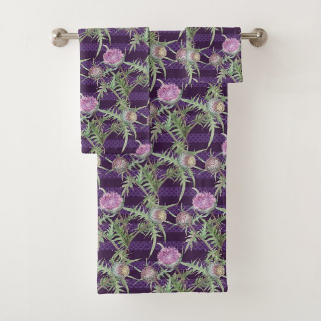 Thistle flowers violet bath towel set (Insitu)
