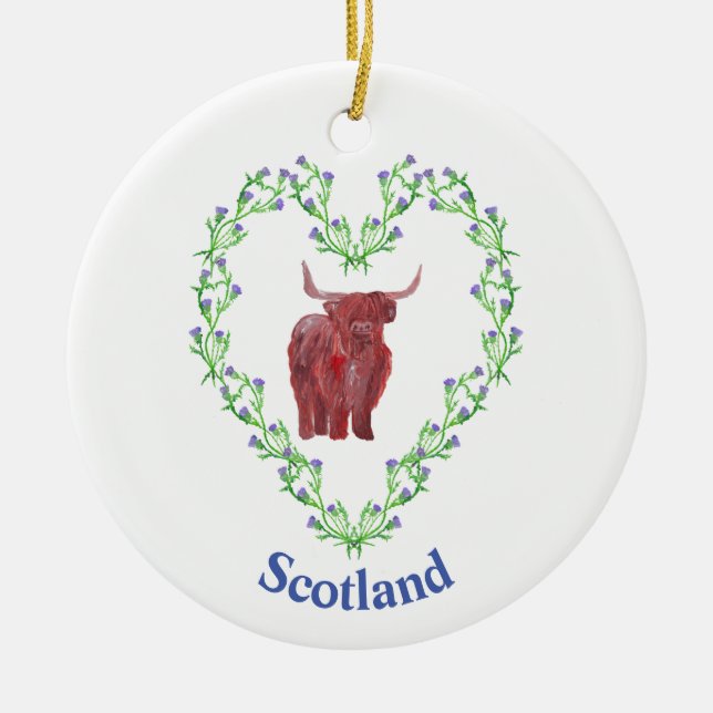 thistle heart highland cow scottish ceramic ornament (Front)