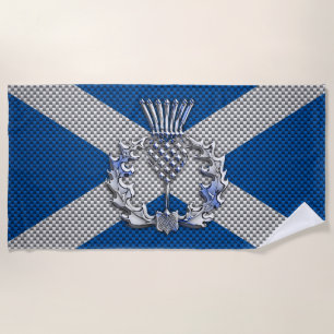 Thistle on Carbon Fibre Print on Scotland Flag Beach Towel