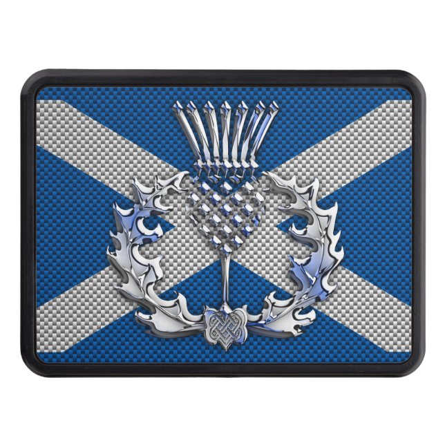 Thistle on Carbon Fibre Print on Scotland Flag Trailer Hitch Cover (Front)