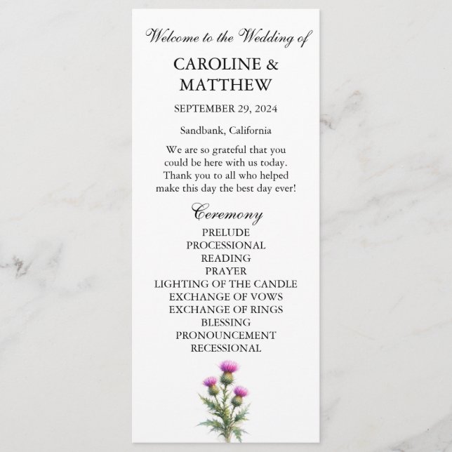 Thistle Purple Floral Elegant Modern Wedding  Program (Front)