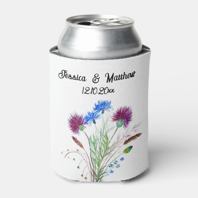 Thistle Purple floral Scotland Watercolor Weddings Can Cooler (Can Front)