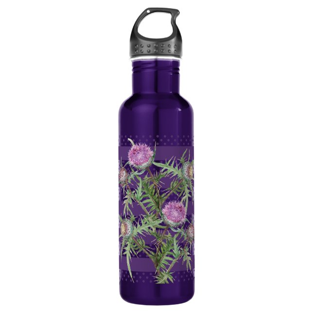 Thistle violet flowers and purple stripes 710 ml water bottle (Front)