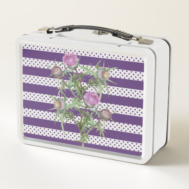 Thistle violet flowers and purple stripes metal lunch box (Back)