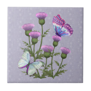 Thistles and Butterflies on Mauve Tile