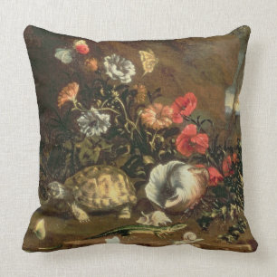 Thistles, flowers, reptiles and butterflies beside throw pillow