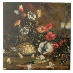 Thistles, flowers, reptiles and butterflies beside tile