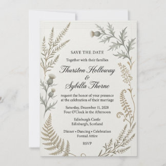 Thistles, Heather Sprigs, Fern Fronds, Panelled Bo Invitation