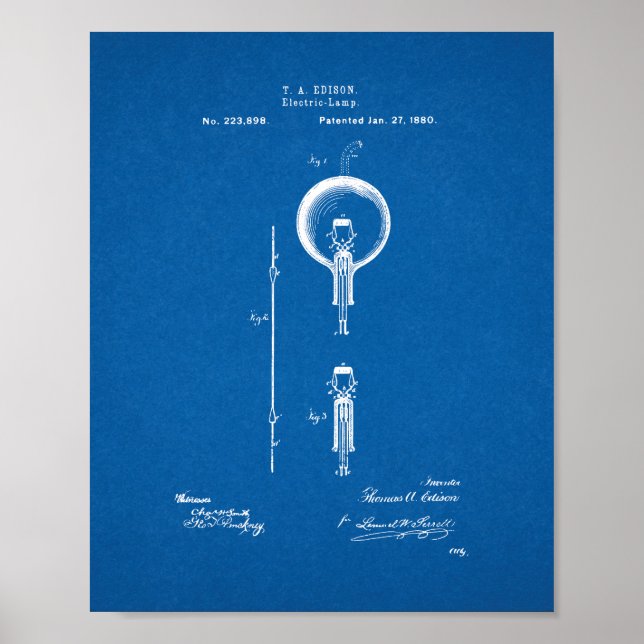 Thomas Edison Light Bulb Patent - Blueprint Poster (Front)