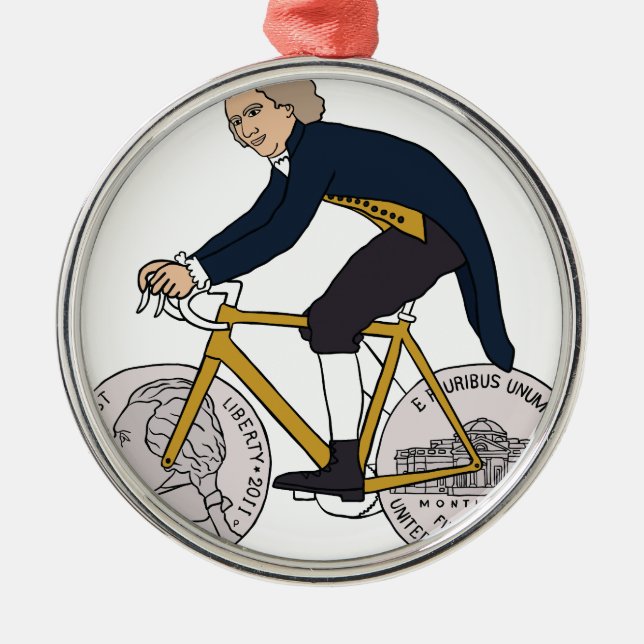 Thomas Jefferson Riding Bike W/ Nickel Wheels Metal Ornament (Front)