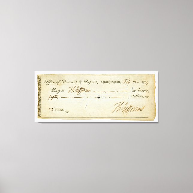 Thomas Jefferson Signature on Bank Check 1809 Canvas Print (Front)